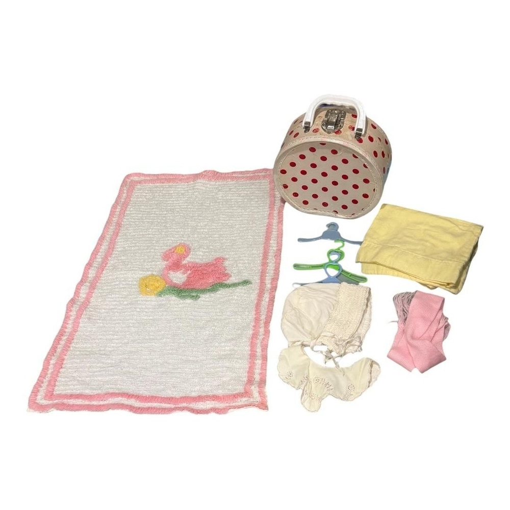 Vintage Dolly Togs By Mayfair Doll Layette Set Case Blankets Bonnet Hangers